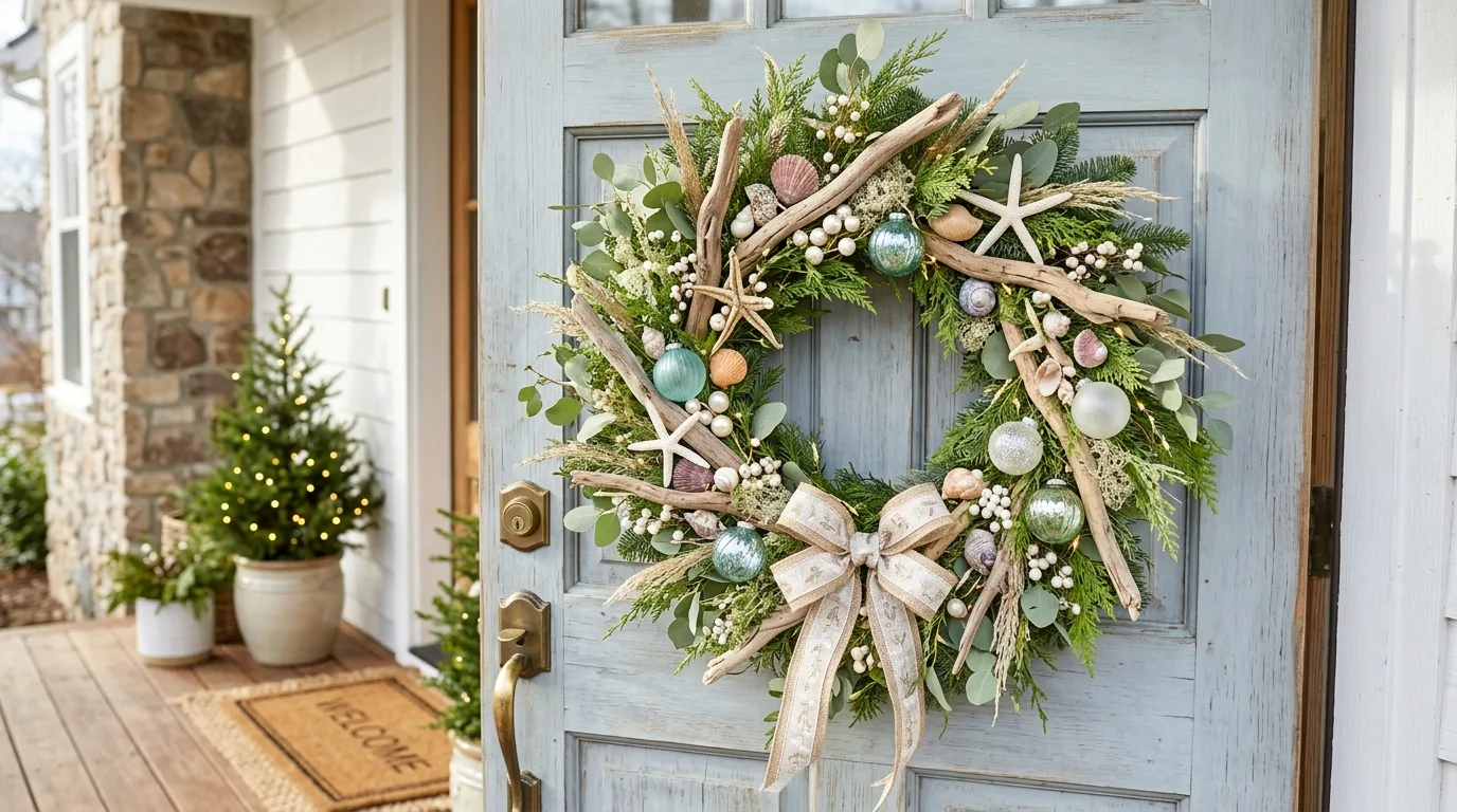Bring in lights sparingly for a softer evening effect inspiration for a front door wreath display.
